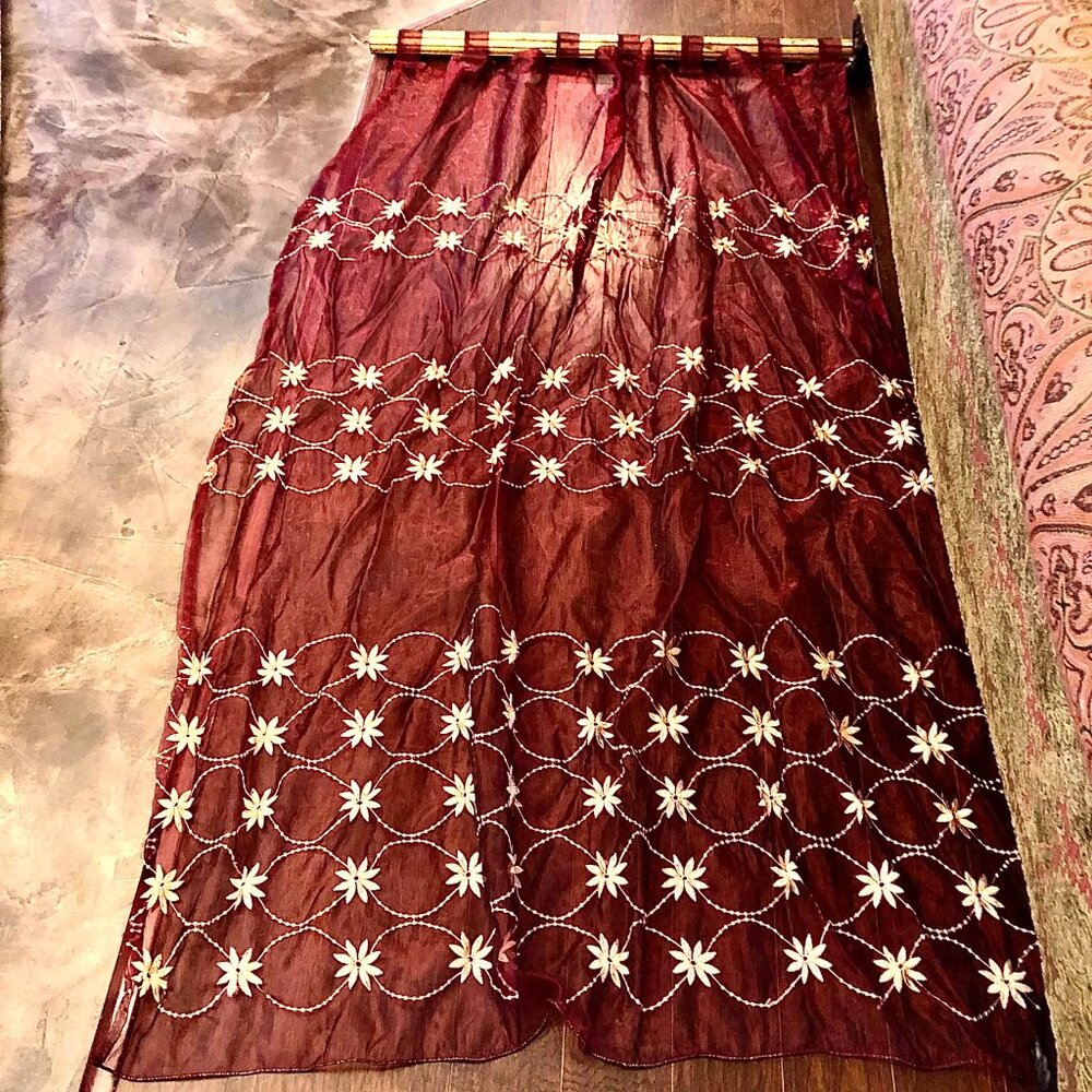 NWT ALEXANDRA'S ACCENTS Boho Embroidered Sheers Drapery Panels Burg\Gold 84x58